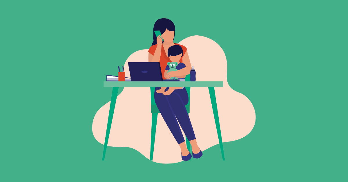 mom working at desk with baby